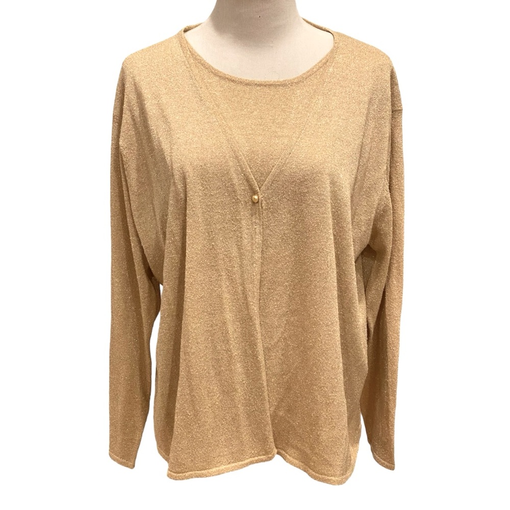 Vintage Gold Metallic Shimmer Silk Faux Twin Set Sweater Pearl Button L Holiday